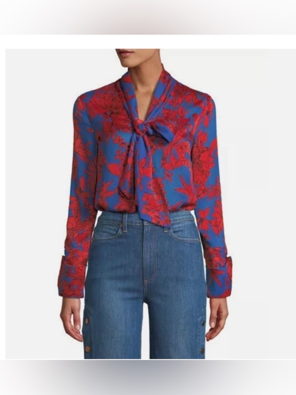Alice + Olivia Gwenda Floral Blue Red Bow Tie Neck Silk Blouse Top S